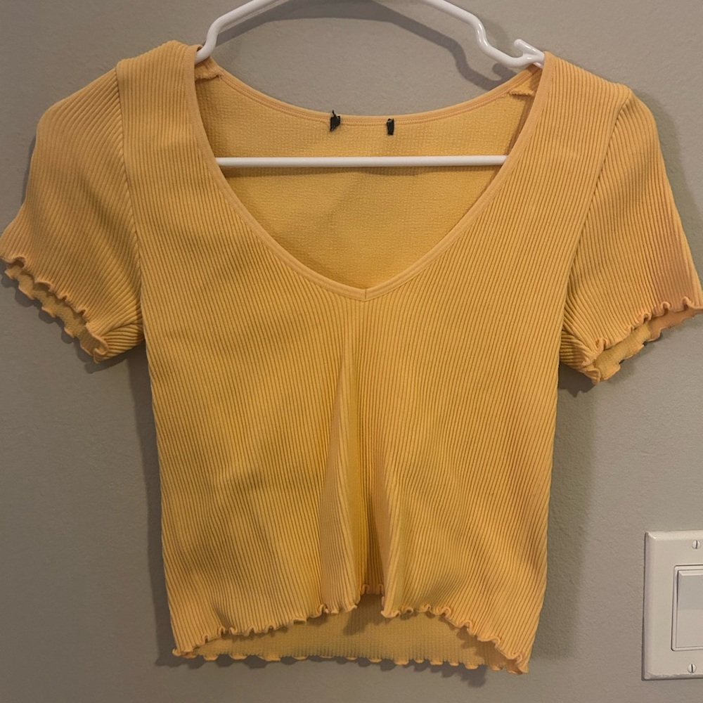 Yellow Ribbed V-Neck Women's Top